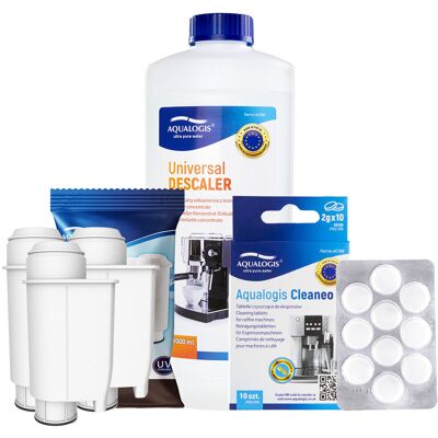 Zestaw do Ekspresów Gaggia Filtr AL-Inte+ 3szt, Odkamieniacz Uniwersalny Aqualogis 1L, Tabletki Czyszczące Aqualogis Cleaneo 10szt. Zestaw do Ekspresów Gaggia Filtr AL-Inte+ 3szt, Odkamieniacz Uniwersalny Aqualogis 1L, Tabletki Czyszczące Aqualogis Cleaneo 10szt.