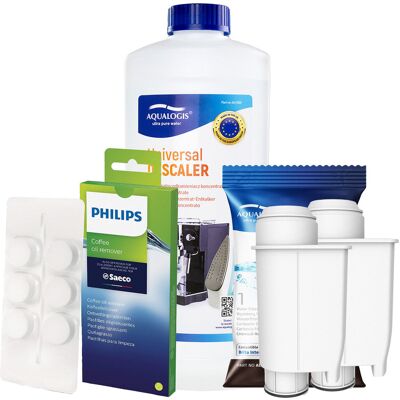 Zestaw do Ekspresów Philips Filtr AL-Inte+ 2szt, Tabletki Odtłuszczające CA6704 10szt, Odkamieniacz Uniwersalny Aqualogis 1L Zestaw do Ekspresów Philips Filtr AL-Inte+ 2szt, Tabletki Odtłuszczające CA6704 10szt, Odkamieniacz Uniwersalny Aqualogis 1L