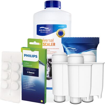 Zestaw do Ekspresów Philips Filtr AL-Inte+ 3szt, Tabletki Odtłuszczające CA6704 10szt, Odkamieniacz Uniwersalny Aqualogis 1L Zestaw do Ekspresów Philips Filtr AL-Inte+ 3szt, Tabletki Odtłuszczające CA6704 10szt, Odkamieniacz Uniwersalny Aqualogis 1L