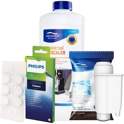 Zestaw do Ekspresów Philips Filtr AL-Inte+, Tabletki Odtłuszczające CA6704 10szt, Odkamieniacz Uniwersalny Aqualogis 1L Zestaw do Ekspresów Philips Filtr AL-Inte+, Tabletki Odtłuszczające CA6704 10szt, Odkamieniacz Uniwersalny Aqualogis 1L