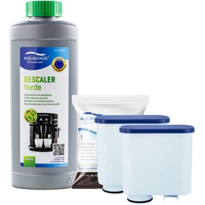Zestaw do Ekspresu Philips Saeco, Filtr AL-Clean 2 szt, Odkamieniacz Aqualogis Verde 500ml Zestaw do Ekspresu Philips Saeco, Filtr AL-Clean 2 szt, Odkamieniacz Aqualogis Verde 500ml