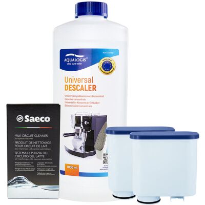 Zestaw do Ekspresu Philips Saeco, Filtr AL-Clean 2 szt, Odkamieniacz Uniwersalny Aqualogis 1L, Środek do Obiegu Mleka Saeco CA6705/60 Zestaw do Ekspresu Philips Saeco, Filtr AL-Clean 2 szt, Odkamieniacz Uniwersalny Aqualogis 1L, Środek do Obiegu Mleka Saeco CA6705/60