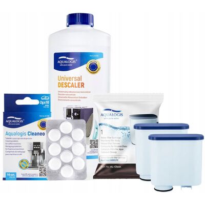 Zestaw do Ekspresu Philips Saeco, Filtr AL-Clean 2 szt, Odkamieniacz Uniwersalny Aqualogis 1L, Tabletki Czyszczące Aqualogis Cleaneo 10 szt. Zestaw do Ekspresu Philips Saeco, Filtr AL-Clean 2 szt, Odkamieniacz Uniwersalny Aqualogis 1L, Tabletki Czyszczące Aqualogis Cleaneo 10 szt.