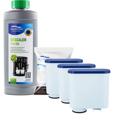 Zestaw do Ekspresu Philips Saeco, Filtr AL-Clean 3 szt, Odkamieniacz Aqualogis Verde 500ml Zestaw do Ekspresu Philips Saeco, Filtr AL-Clean 3 szt, Odkamieniacz Aqualogis Verde 500ml