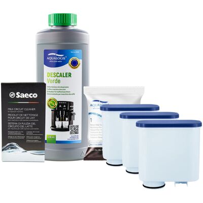 Zestaw do Ekspresu Philips Saeco, Filtr AL-Clean 3 szt, Odkamieniacz Aqualogis Verde 500ml, Środek do Obiegu Mleka Saeco CA6705/60 Zestaw do Ekspresu Philips Saeco, Filtr AL-Clean 3 szt, Odkamieniacz Aqualogis Verde 500ml, Środek do Obiegu Mleka Saeco CA6705/60