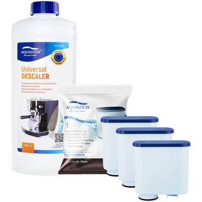 Zestaw do Ekspresu Philips Saeco, Filtr AL-Clean 3 szt, Odkamieniacz Uniwersalny Aqualogis 1L Zestaw do Ekspresu Philips Saeco, Filtr AL-Clean 3 szt, Odkamieniacz Uniwersalny Aqualogis 1L