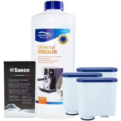 Zestaw do Ekspresu Philips Saeco, Filtr AL-Clean 3 szt, Odkamieniacz Uniwersalny Aqualogis 1L, Środek do Obiegu Mleka Saeco CA6705/60 Zestaw do Ekspresu Philips Saeco, Filtr AL-Clean 3 szt, Odkamieniacz Uniwersalny Aqualogis 1L, Środek do Obiegu Mleka Saeco CA6705/60
