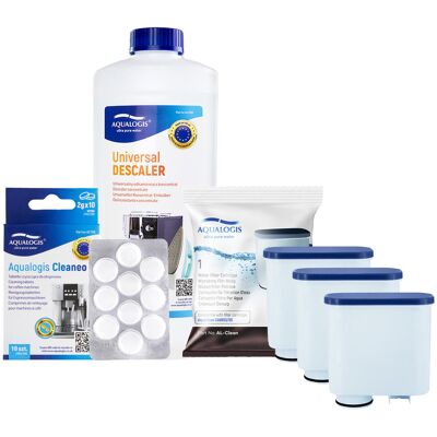 Zestaw do Ekspresu Philips Saeco, Filtr AL-Clean 3 szt, Odkamieniacz Uniwersalny Aqualogis 1L, Tabletki Czyszczące Aqualogis Cleaneo 10 szt. Zestaw do Ekspresu Philips Saeco, Filtr AL-Clean 3 szt, Odkamieniacz Uniwersalny Aqualogis 1L, Tabletki Czyszczące Aqualogis Cleaneo 10 szt.
