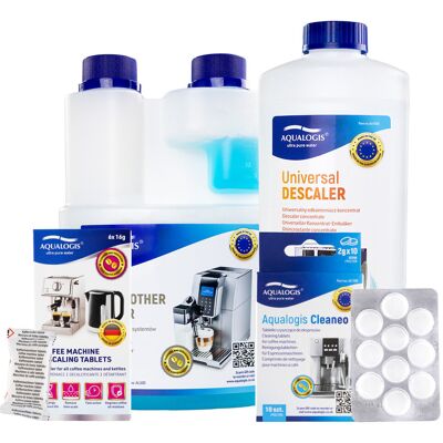 Zestaw do Ekspresu - Uniwersalny Odkamieniacz Aqualogis 1L, Płyn Czyszczący Aqualogis Latteo 500ml, Aqualogis Decalc 6szt, Aqualogis Cleaneo 10szt Zestaw do Ekspresu - Uniwersalny Odkamieniacz Aqualogis 1L, Płyn Czyszczący Aqualogis Latteo 500ml, Aqualogis Decalc 6szt, Aqualogis Cleaneo 10szt