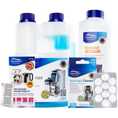 Zestaw do Ekspresu - Uniwersalny Odkamieniacz Aqualogis 500ml, Płyn Czyszczący Aqualogis Latteo 500ml, Aqualogis Decalc 6szt, Aqualogis Cleaneo 10szt Zestaw do Ekspresu - Uniwersalny Odkamieniacz Aqualogis 500ml, Płyn Czyszczący Aqualogis Latteo 500ml, Aqualogis Decalc 6szt, Aqualogis Cleaneo 10szt