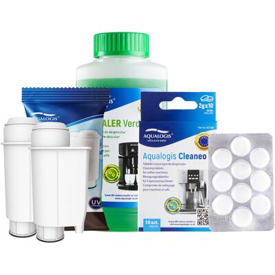 Aqualogis Zestaw Do Saeco Philips, AL-Inte+ 2 szt, Odkamieniacz Verde 250ml, Tabletki Cleaneo 10 szt. Aqualogis Zestaw Do Saeco Philips, AL-Inte+ 2 szt, Odkamieniacz Verde 250ml, Tabletki Cleaneo 10 szt.