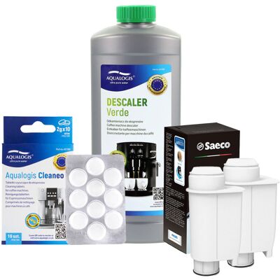 Aqualogis Zestaw Do Saeco Philips, Intenza+ 2 szt, Odkamieniacz Verde 1L, Tabletki Cleaneo 10 szt. Aqualogis Zestaw Do Saeco Philips, Intenza+ 2 szt, Odkamieniacz Verde 1L, Tabletki Cleaneo 10 szt.