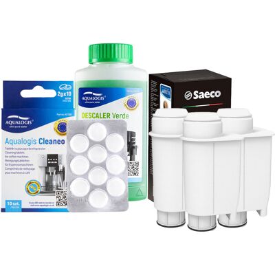 Aqualogis Zestaw Do Saeco Philips, Intenza+ 3 szt, Odkamieniacz Verde 250ml, Tabletki Cleaneo 10 szt. Aqualogis Zestaw Do Saeco Philips, Intenza+ 3 szt, Odkamieniacz Verde 250ml, Tabletki Cleaneo 10 szt.