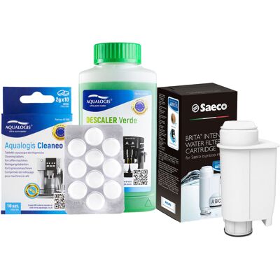 Aqualogis Zestaw Do Saeco Philips, Intenza+, Odkamieniacz Verde 250ml, Tabletki Cleaneo 10 szt. Aqualogis Zestaw Do Saeco Philips, Intenza+, Odkamieniacz Verde 250ml, Tabletki Cleaneo 10 szt.