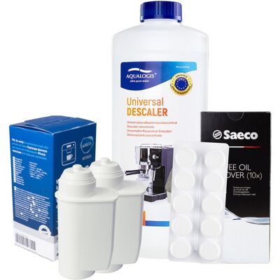 Zestaw Gaggia - Filtr Saeco Intenza+ CA6702 2szt, Uniwersalny Odkamieniacz Aqualogis 1L, Saeco CA6704/60 Tabletki Czyszczące Zestaw Gaggia - Filtr Saeco Intenza+ CA6702 2szt, Uniwersalny Odkamieniacz Aqualogis 1L, Saeco CA6704/60 Tabletki Czyszczące