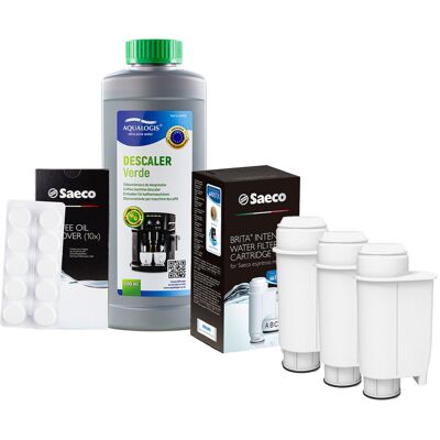 Zestaw Gaggia - Filtr Saeco Intenza+ CA6702 3szt, Odkamieniacz Aqualogis Verde 500ml, Saeco CA6704/60 Tabletki Czyszczące Zestaw Gaggia - Filtr Saeco Intenza+ CA6702 3szt, Odkamieniacz Aqualogis Verde 500ml, Saeco CA6704/60 Tabletki Czyszczące