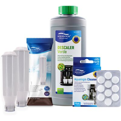 Zestaw Krups - Filtr AL-TES46 2szt, Odkamieniacz Aqualogis Verde 500ml, Tabletki Czyszczące Aqualogis Cleaneo 10 szt. Zestaw Krups - Filtr AL-TES46 2szt, Odkamieniacz Aqualogis Verde 500ml, Tabletki Czyszczące Aqualogis Cleaneo 10 szt.