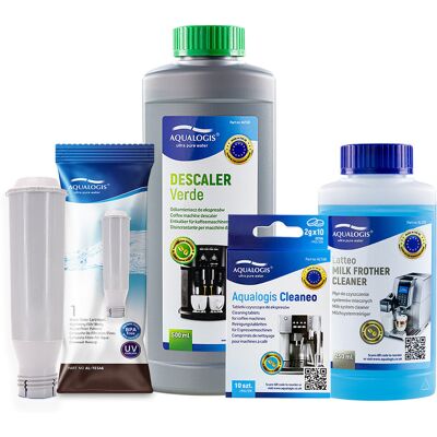 Zestaw Krups - Filtr AL-TES46, Odkamieniacz Aqualogis Verde 500ml, Płyn Czyszczący System Mleczny Aqualogis Latteo 250ml, Cleaneo 10 szt. Zestaw Krups - Filtr AL-TES46, Odkamieniacz Aqualogis Verde 500ml, Płyn Czyszczący System Mleczny Aqualogis Latteo 250ml, Cleaneo 10 szt.