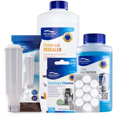 Zestaw Krups - Filtr AL-TES46, Uniwersalny Odkamieniacz Aqualogis 1L, Płyn Czyszczący System Mleczny Aqualogis Latteo 250ml, Cleaneo 10 szt. Zestaw Krups - Filtr AL-TES46, Uniwersalny Odkamieniacz Aqualogis 1L, Płyn Czyszczący System Mleczny Aqualogis Latteo 250ml, Cleaneo 10 szt.