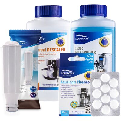 Zestaw Krups - Filtr AL-TES46, Uniwersalny Odkamieniacz Aqualogis 250ml, Płyn Latteo 250ml, Cleaneo 10 szt. Zestaw Krups - Filtr AL-TES46, Uniwersalny Odkamieniacz Aqualogis 250ml, Płyn Latteo 250ml, Cleaneo 10 szt.