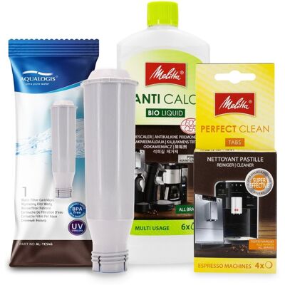 Zestaw MELITTA Aqualogis AL-TES46, Odkamieniacz AntiCalc 250ml, Tabletki Perfect Clean 4szt Zestaw MELITTA Aqualogis AL-TES46, Odkamieniacz AntiCalc 250ml, Tabletki Perfect Clean 4szt