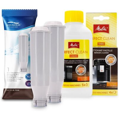 Aqualogis Zestaw MELITTA FIltr AL-TES46 2szt, Perfect Clean Liquid 250ml, Tabletki Perfect Clean 4szt Aqualogis Zestaw MELITTA FIltr AL-TES46 2szt, Perfect Clean Liquid 250ml, Tabletki Perfect Clean 4szt