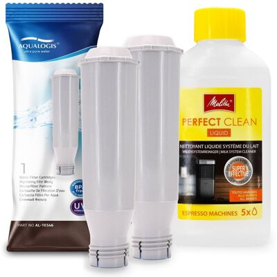 Zestaw MELITTA filtr Aqualogis AL-TES46 2szt, Płyn czyszczący systemy mleczne Perfect Clean 250ml Zestaw MELITTA filtr Aqualogis AL-TES46 2szt, Płyn czyszczący systemy mleczne Perfect Clean 250ml