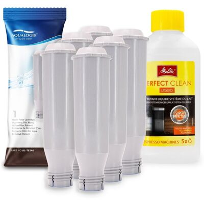 Zestaw MELITTA filtr Aqualogis AL-TES46 6szt, Płyn czyszczący systemy mleczne Perfect Clean 250ml Zestaw MELITTA filtr Aqualogis AL-TES46 6szt, Płyn czyszczący systemy mleczne Perfect Clean 250ml