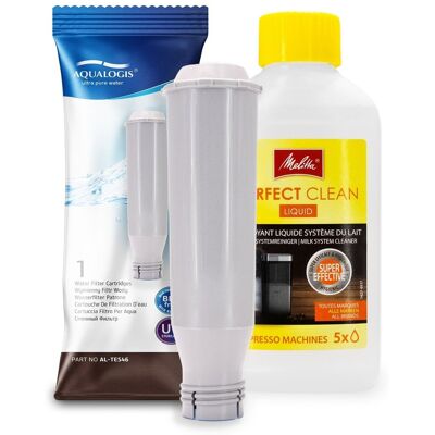 Zestaw MELITTA filtr Aqualogis AL-TES46, Płyn czyszczący systemy mleczne Perfect Clean 250ml Zestaw MELITTA filtr Aqualogis AL-TES46, Płyn czyszczący systemy mleczne Perfect Clean 250ml