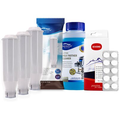 Aqualogis Zestaw NIVONA AL-TES46 3szt, Latteo 250ml, NIRT701 Tabletki Czyszczące 10szt Aqualogis Zestaw NIVONA AL-TES46 3szt, Latteo 250ml, NIRT701 Tabletki Czyszczące 10szt