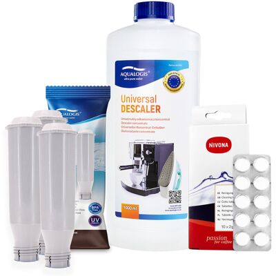 Zestaw Nivona - AL-TES46 3szt, Uniwersalny Odkamieniacz Aqualogis 1L, Latteo 250ml, Tabletki Czyszczące NIVONA NIRT701 10 szt. Zestaw Nivona - AL-TES46 3szt, Uniwersalny Odkamieniacz Aqualogis 1L, Latteo 250ml, Tabletki Czyszczące NIVONA NIRT701 10 szt.