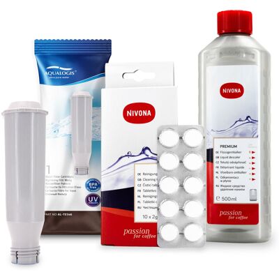 Zestaw NIVONA, Aqualogis AL-TES46, NIRK703 Odkamieniacz 500ml, NIRT701 Tabletki Czyszczące 10szt Zestaw NIVONA, Aqualogis AL-TES46, NIRK703 Odkamieniacz 500ml, NIRT701 Tabletki Czyszczące 10szt