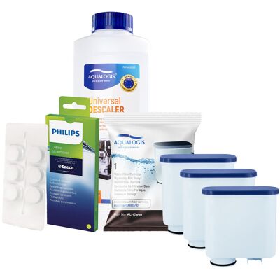 Aqualogis Zestaw Philips Saeco - AL-Clean 3szt, Uniwersalny Odkamieniacz 500ml, Philips CA6704/10 Tabletki Czyszczące Aqualogis Zestaw Philips Saeco - AL-Clean 3szt, Uniwersalny Odkamieniacz 500ml, Philips CA6704/10 Tabletki Czyszczące