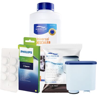 Aqualogis Zestaw Philips Saeco - AL-Clean, Uniwersalny Odkamieniacz 500ml, Philips CA6704/10 Tabletki Czyszczące Aqualogis Zestaw Philips Saeco - AL-Clean, Uniwersalny Odkamieniacz 500ml, Philips CA6704/10 Tabletki Czyszczące