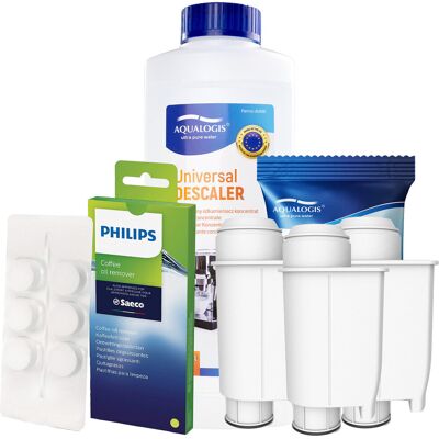 Aqualogis Zestaw Philips Saeco - AL-Inte+ 3szt, Uniwersalny Odkamieniacz 500ml, Philips CA6704/10 Tabletki Czyszczące Aqualogis Zestaw Philips Saeco - AL-Inte+ 3szt, Uniwersalny Odkamieniacz 500ml, Philips CA6704/10 Tabletki Czyszczące