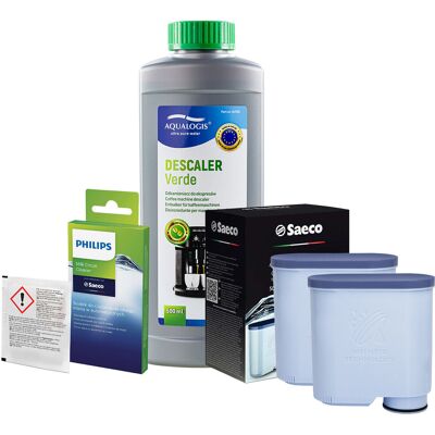 Zestaw Philips Saeco - Filtr Philips Aquaclean CA6903 2szt, Odkamieniacz Aqualogis Verde 500ml, Philips CA6705/10 Środek do Obiegu Mleka Zestaw Philips Saeco - Filtr Philips Aquaclean CA6903 2szt, Odkamieniacz Aqualogis Verde 500ml, Philips CA6705/10 Środek do Obiegu Mleka