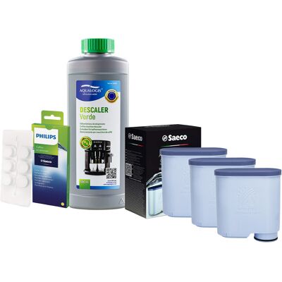 Zestaw Philips Saeco - Filtr Philips Aquaclean CA6903 3szt, Odkamieniacz Aqualogis Verde 500ml, Philips CA6704/10 Tabletki Czyszczące Zestaw Philips Saeco - Filtr Philips Aquaclean CA6903 3szt, Odkamieniacz Aqualogis Verde 500ml, Philips CA6704/10 Tabletki Czyszczące