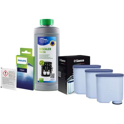 Zestaw Philips Saeco - Filtr Philips Aquaclean CA6903 3szt, Odkamieniacz Aqualogis Verde 500ml, Philips CA6705/10 Środek do Obiegu Mleka Zestaw Philips Saeco - Filtr Philips Aquaclean CA6903 3szt, Odkamieniacz Aqualogis Verde 500ml, Philips CA6705/10 Środek do Obiegu Mleka