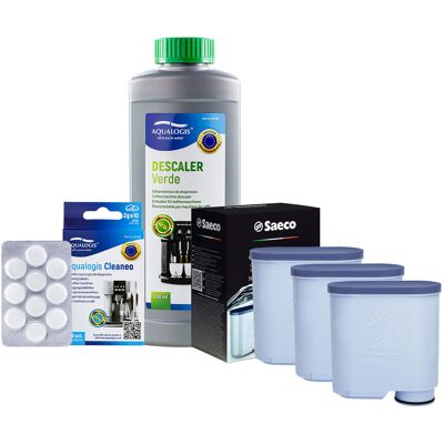 Zestaw Philips Saeco - Filtr Philips Aquaclean CA6903 3szt, Odkamieniacz Aqualogis Verde 500ml, Tabletki Czyszczące Aqualogis Cleaneo 10 szt. Zestaw Philips Saeco - Filtr Philips Aquaclean CA6903 3szt, Odkamieniacz Aqualogis Verde 500ml, Tabletki Czyszczące Aqualogis Cleaneo 10 szt.