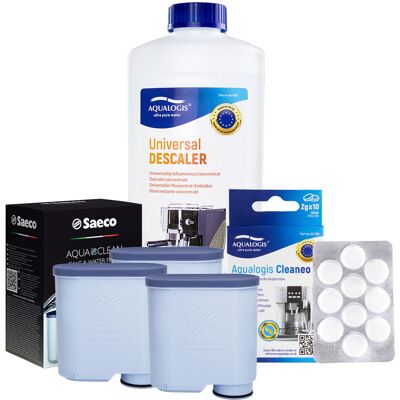 Zestaw Philips Saeco - Filtr Philips Aquaclean CA6903 3szt, Uniwersalny Odkamieniacz 1L, Tabletki Czyszczące Aqualogis Cleaneo 10 szt. Zestaw Philips Saeco - Filtr Philips Aquaclean CA6903 3szt, Uniwersalny Odkamieniacz 1L, Tabletki Czyszczące Aqualogis Cleaneo 10 szt.