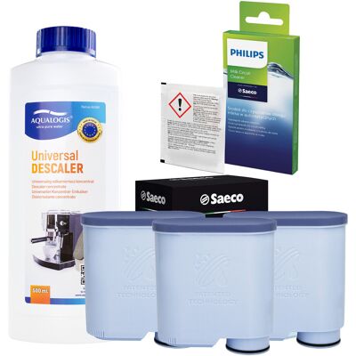 Aqualogis Zestaw Philips Saeco - Filtr Philips Aquaclean CA6903 3szt, Uniwersalny Odkamieniacz 500ml, Philips CA6705/10 Środek do Obiegu Mleka Aqualogis Zestaw Philips Saeco - Filtr Philips Aquaclean CA6903 3szt, Uniwersalny Odkamieniacz 500ml, Philips CA6705/10 Środek do Obiegu Mleka
