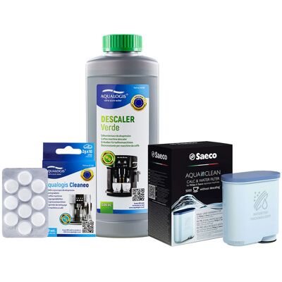 Zestaw Philips Saeco - Filtr Philips Aquaclean CA6903, Odkamieniacz Aqualogis Verde 500ml, Tabletki Czyszcące Aqualogis Cleaneo 10 szt. Zestaw Philips Saeco - Filtr Philips Aquaclean CA6903, Odkamieniacz Aqualogis Verde 500ml, Tabletki Czyszcące Aqualogis Cleaneo 10 szt.