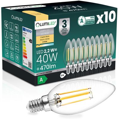 10x Żarówka LED E14 Świeczka B35 2,2W 470lm = 40W 2700K Ciepła 360° Filament KLASA A LUMILED 10x Żarówka LED E14 Świeczka B35 2,2W 470lm = 40W 2700K Ciepła 360° Filament KLASA A LUMILED