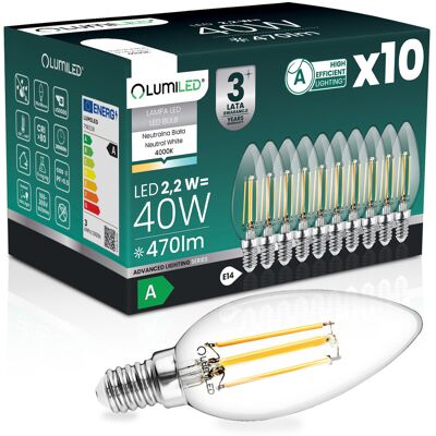 10x Żarówka LED E14 Świeczka B35 2,2W 470lm = 40W 4000K Neutralna 360° Filament KLASA A LUMILED 10x Żarówka LED E14 Świeczka B35 2,2W 470lm = 40W 4000K Neutralna 360° Filament KLASA A LUMILED