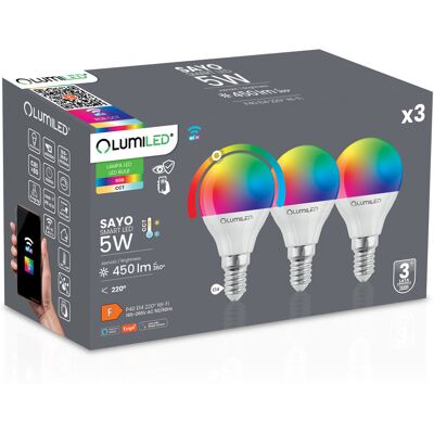 3X Żarówka LED E14 P40 KULKA 5W = 40W 450lm RGB CCT Ściemnialna Inteligentna TUYA WiFi SMART SAYO LUMILED 3X Żarówka LED E14 P40 KULKA 5W = 40W 450lm RGB CCT Ściemnialna Inteligentna TUYA WiFi SMART SAYO LUMILED