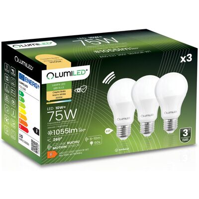 3x Żarówka LED E27 A60 10W = 75W 1055lm 3000K Ciepła 260° z Czujnikiem Ruchu LUMILED 3x Żarówka LED E27 A60 10W = 75W 1055lm 3000K Ciepła 260° z Czujnikiem Ruchu LUMILED