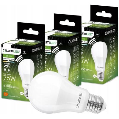 3x Żarówka LED E27 A60 10W = 75W 1055lm 4000K Neutralna 260° z Czujnikiem Ruchu LUMILED 3x Żarówka LED E27 A60 10W = 75W 1055lm 4000K Neutralna 260° z Czujnikiem Ruchu LUMILED