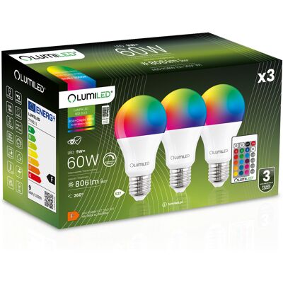 3x Żarówka LED E27 A60 9W = 60W 806lm 3000K + RGB Wielokolorowa 260° Ściemnialna Pilot LUMILED 3x Żarówka LED E27 A60 9W = 60W 806lm 3000K + RGB Wielokolorowa 260° Ściemnialna Pilot LUMILED