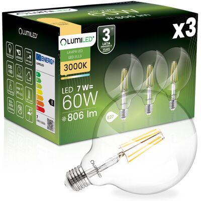 3x Żarówka LED E27 Kula G125 7W = 60W 806lm 3000K Ciepła 360° FILAMENT LUMILED 3x Żarówka LED E27 Kula G125 7W = 60W 806lm 3000K Ciepła 360° FILAMENT LUMILED