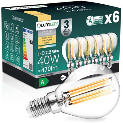 6x Żarówka LED E14 Kulka P45 2,2W 470lm = 40W 2700K Ciepła 360° Filament KLASA A LUMILED 6x Żarówka LED E14 Kulka P45 2,2W 470lm = 40W 2700K Ciepła 360° Filament KLASA A LUMILED